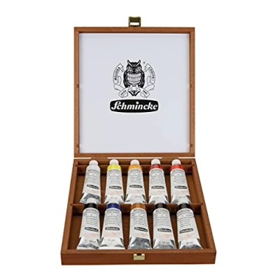 Image of Schmincke MUSSINI® finest resin oil colours, 10 x 35 ml set, 70 010 097, wooden box walnut tinted, colour based on recipes of old masters