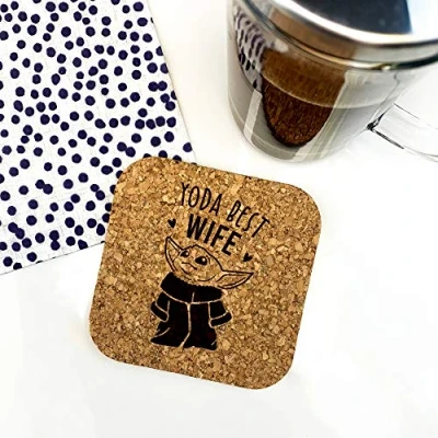 Image of eBuyGB Personalised Square Cork Coaster, Eco Friendly Engraved Baby Yoda Star Wars Themed Drinks Mat, Funny Gifts for Partner (Yoda Best Wife)