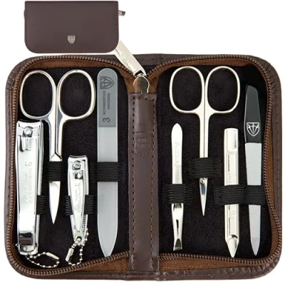 Image of 3 Swords Germany brand quality 8 piece manicure pedicure grooming kit set with brown genuine leather case Made by