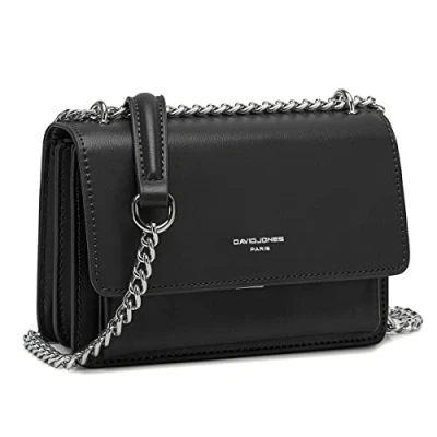 Image of David Jones Women&#039;s Small Chain Crossbody Bag Ladies Rigid PU Leather Mini Shoulder Mobile Phone Purse Pouch Handbag Rectangular Messenger Evening Shopping Trendy City Black