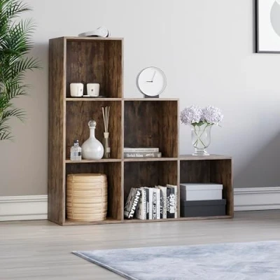 Image of Vida Designs Durham Staircase Bookcase Shelves Storage Organiser Living Room Furniture (6 Cube, Dark Wood)