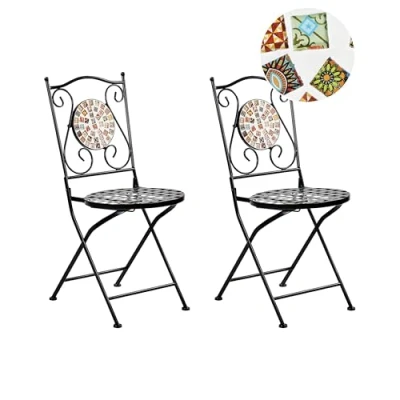 Image of Outdoor Garden Set of 2 Chairs Black Metal Vintage Style Mosaic Folding Casario