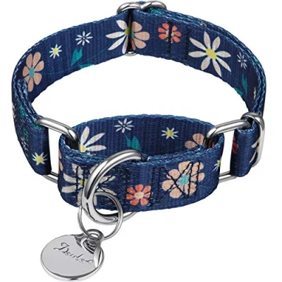 Image of Dazzber Martingale Collars for Dogs Soft Adjustable Dog Collar, Durable D ring Heavy Duty, Choke Collar Large Medium Small (Small, Dark Blue and Elegant Flower)