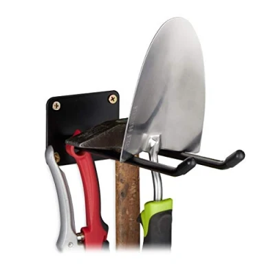 Image of Relaxdays Wall Mounted Utility Hooks, Double Hook, Broom Holder, Spade Bracket to MOUNT, Wall, Steel, 24cm, Black