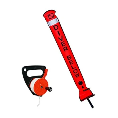 Image of Sharplace Scuba Diving Diver Below SMB Surface Marker Buoy &amp; Orange Dive Reel with Plastic Handle 46m Line
