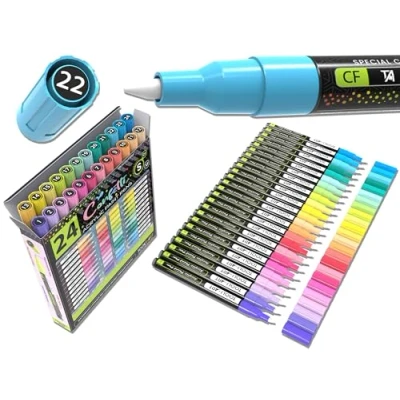 Image of 24 Confetti Colours Acrylic Paint Pens Markers Set 0.7mm Extra Fine Tip, Rock Painting, Glass, Mugs, Wood, Metal, Canvas, Ceramics, DIY Projects, Illustration. Non Toxic, Waterbased, Quick Drying