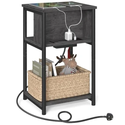 Image of VASAGLE Slim Side Table with Charging Station, Narrow Bedside 2 AC Outlets USB Outlets, 30 x 34 58 cm, for Living Room, Bedroom, Charcoal Grey and Ink Black LET374B68