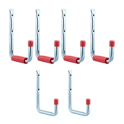 Image of Relaxdays Garage Wall Hooks Set of 6, in 2 Sizes, up to 17.5 kg, for Tools, Workshop or Cellar, Steel, Foam, Silver Red