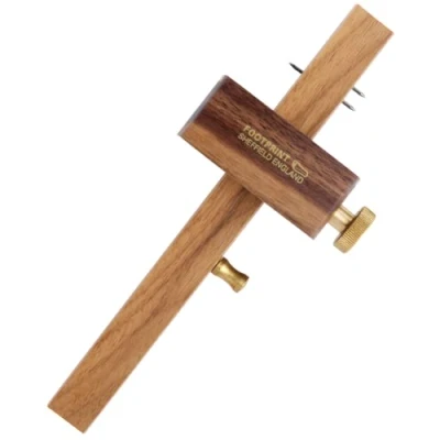 Image of Footprint Tools Walnut and Brass Mortice Marking Gauge Hardened Steel Pins, Solid Slide Thumb Screw, Durable Wood. Scribe to Mark Tenon Joints in Woodwork.