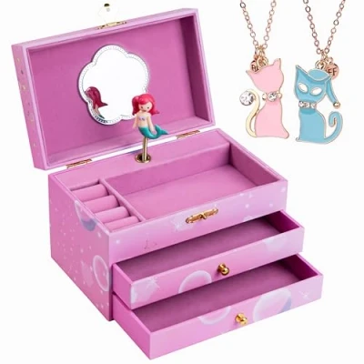Image of AdelDream Music Box Jewellery (with Two Cat Pendants) Storage Three Layer Cute Musical for Kids Gifts