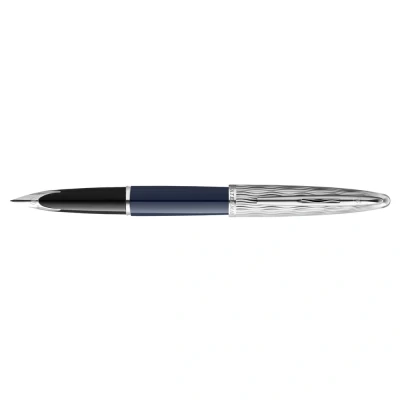 Image of Waterman Carene Fountain Pen Metal &amp; Blue Lacquer Chiselled Cap 18K Gold Fine Nib Ink Gift Box