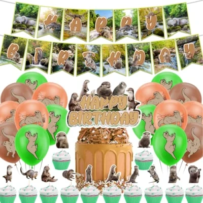 Image of Otter Party Supplies Decorations Includes Otters Happy Birthday Banner Cake Topper Cupcake Toppers Balloons for