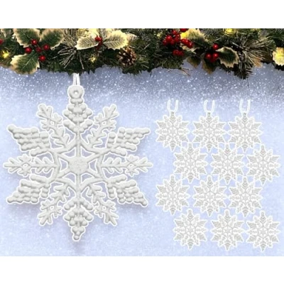 Image of 12pk Glitter Snowflake Hanging Decorations, Christmas Tree Baubles/Ornaments (White)