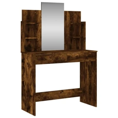 Image of vidaXL Smoked Oak Dressing Table with Mirror Modern, Sleek Makeup Vanity Ample Storage Space and Utility Ideal for Bedroom