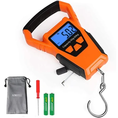 Image of aokuy Waterproof Fishing Scale with Ruler, Luggage Scale, Weight Hanging Hook Scale,110lb/50KG Backlit LCD Display.Waterprof bag and 2 AAA Batteries Included