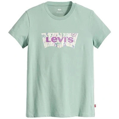 Image of Levi&#039;s Women&#039;s The Perfect Tee Pattern Batwing Logo T Shirt, Watercolor Granite Green, XXS