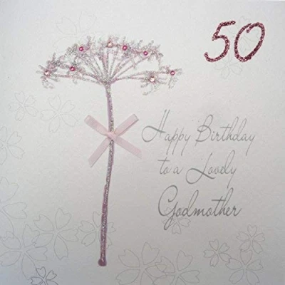 Image of white cotton cards Dandelion, Happy Lovely Godmother 50&quot; Handmade 50th Birthday Card, White, bd42 50
