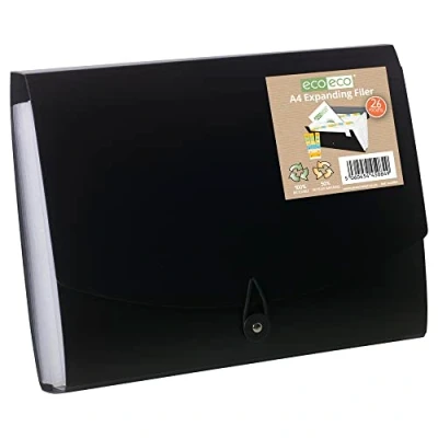 Image of eco A4 50% Recycled 26 Clear Pocket Black Cover Accordion Expanding File Organiser Document Folder Printed Index Tabs, Pocket, eco084