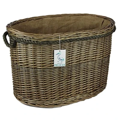 Image of Range of rounded Wicker log baskets. Rope handles. wood &amp; kindling storage for home hearths and fireplace. Large burner bin (50cm, Oval)