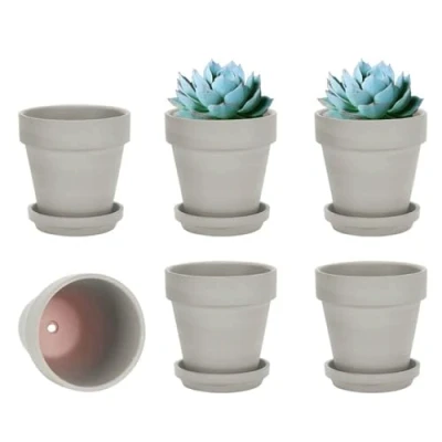 Image of vensovo 10.16cm Gray Clay Pot for Plant with Saucer 6 Pack Small Terra Cotta Drainage Hole, Flower Tray, Terracotta Indoor Outdoor
