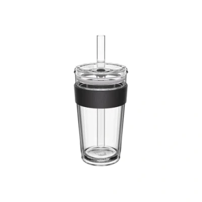 Image of KeepCup Cold Cup Longplay Double Wall Glass Ice Coffee Tumbler with Lid and Straw 16oz (454ml) Black