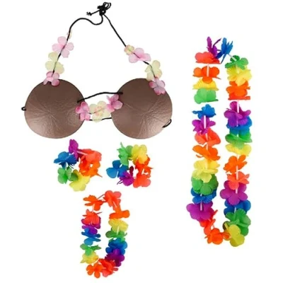 Image of Mega_Jumble® Coconut Bra &amp; 4 Piece Tropical Lei Hula Girl Caribbean Hawaiian Beach Party Fancy Dress