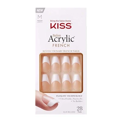 Image of KISS Salon Acrylic French Collection, Je T&#039;aime, Medium Length Square Fake Nails Includes 28 False Nails, Nail Glue, File, and Manicure Stick