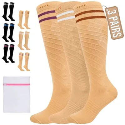 Image of 360 RELIEF 3 Pairs Compression Socks for Women Men, 15 20 mmHg Supports Blood Circulation, Travel Flight Socks, Varicose Veins, Pregnancy Stockings + Laundry Bag