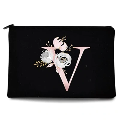 Image of 26 Letter Printed Zip Canvas Pouch Makeup Bag Make Up Bag, Cosmetic Travel Bag,Toiletry Bag,Organizer Bags,Toiletry Bags, Bride Bridesmaid Bag,Pencil Bag,Wash Bag,Coin Purse (Pink Flower V)