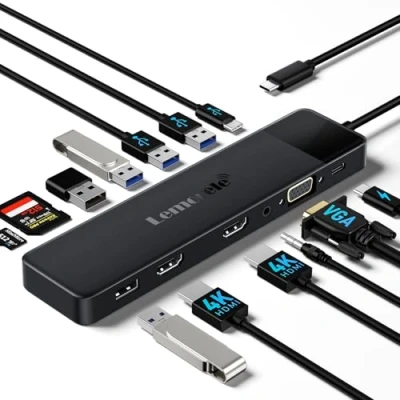 Image of Lemorele 13 in 1 USB C Docking Station Dual Monitor, Dock Hub Multiport Adapter Triple Monitor to 2 HDMI 4K,VGA,5 3.0/2.0,USB 3.0,PD,SD/TF,3.5MM for Lenovo,Surface,MacBook Laptops
