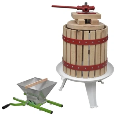 Image of vidaXL Solid Oak Wood, Cast Iron and Steel Fruit &amp; Wine Press Crusher Set 2 Piece Large 18L Capacity 7L Ideal for Apples, Pears, Peaches Berries
