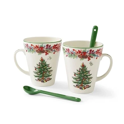 Image of Spode Christmas Tree 2023 Annual 4pc Mug and Spoon Set Mugs Microwave &amp; Dishwasher Safe Cute Coffee Porcelain Cup 13 Ounce Mug, Red