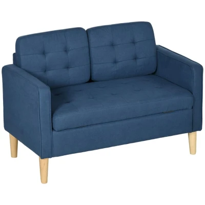 Image of HOMCOM Modern 2 Seater Sofa with Hidden Storage, 117cm Tufted Cotton Couch Wood Legs, Compact for Living Room, Blue