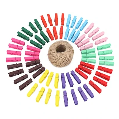Image of Colourful Wooden Pegs,3.5 CM Mini pegs,100 Pcs Photo Clips,Mini Clothespins with Spring, Paper Peg,Craft Pegs 30 M Jute Twine