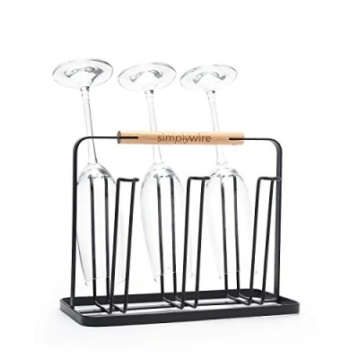 Image of simplywire Glass Drying Rack Bottle Drainer Draining Board Organiser 6 Hooks Black Powder Coated Steel