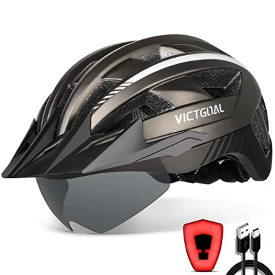 Image of Victgoal Bike Helmet with USB Rechargeable LED Light Removable Magnetic Goggles Visor Breathable MTB Mountain Bicycle for Unisex Men Women Adjustable Cycle Helmets (XL: 59 63 cm, Ti)