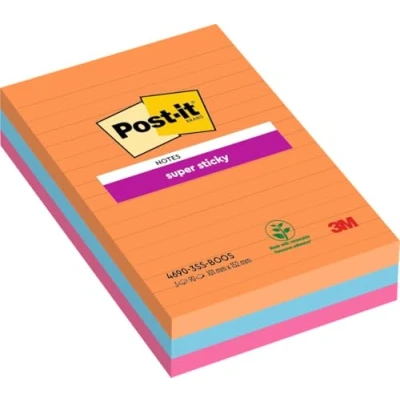 Image of Post it Super Sticky Notes, Boost Colour Collection, lined, 101 mm x 152 mm, 90 Sheets/Pad, 3 Pads Self stick Notes For Note Taking, To Do Lists &amp; Reminders