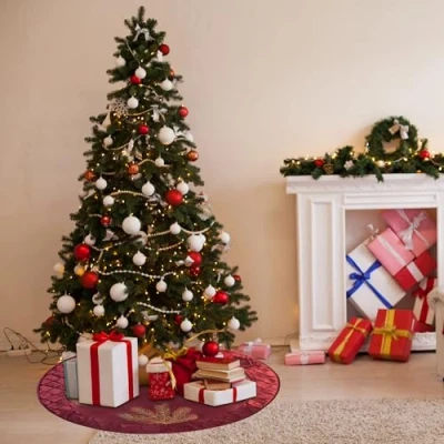 Image of SORRENTO Burgundy Deluxe Embroidered Pine Branches Cherry with Pintuck Border,Christmas Tree Skirt 90CM(7 10 DATES DELIVERY)