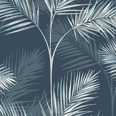 Image of Navy South Beach Palm Wallpaper Metallic Tropical