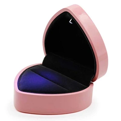Image of Ring Box, Heart Shape Velvet Wedding Jewelry Box with LED Light for Proposal Engagement, Pink