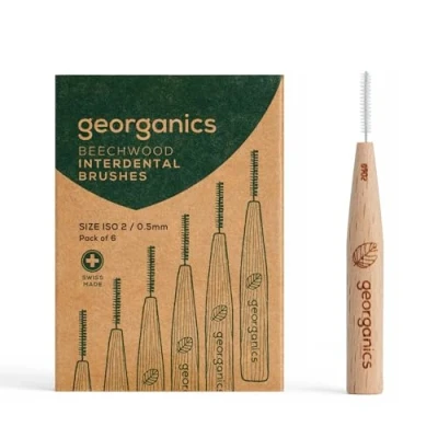 Image of Georganics Beechwood Interdental Brushes ISO 2 (0.5mm) Naturel and Efficient Teeth Cleaning for Medium Gaps Compostable Biodegradable Vegan BPA Free Nylon Bristles Pack of 6