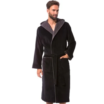 Image of Morgenstern Dressing Gown Men 100% Cotton Hood Velvet Terry Bathrobe Black/Grey Size XL