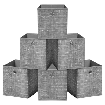 Image of HEFTMAN Foldable Storage Cube Boxes Set of 6 Grey Fabric with Grommet Handle, Space Saving for Clothes, Toys, Books Organisation (26 x 26 28 cm Grey)