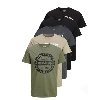 Image of JACK &amp; JONES Men&#039;s T Shirt Logo Tee Crew Neck Pack of 3, 5 (Pack E), 3XL