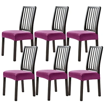 Image of Velvet Chair Seat Covers, Stretch Dining Covers Elastic Room for Chairs Soft Machine Washable Banquet Ceremony Purple Set of 6
