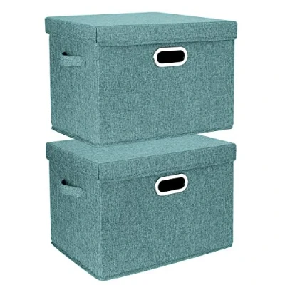 Image of TYEERS Large Storage Box with Lid, Collapsible, Washable, Fabric for Clothes, Wardrobe Storage, 44x30x29 cm, Set of 2, Aqua Deep
