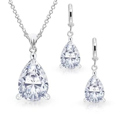 Image of Crystalline Azuria Women 18ct White Gold Plated Teardrops Zirconia Crystals Set Necklace 17.7 inches Dangle Earrings