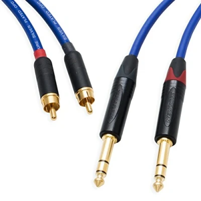 Image of Pseudo Balanced RCA Phono to TRS Jack Lead (PAIR). Van Damme Starquad Cable (3m, Blue)