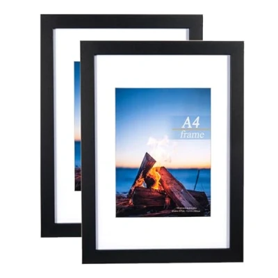 Image of A4 Frame 2 Pack,Black Wooden Picture with Mount,A4 Frame,A4 Poster certificate frame,Freestanding and Wall Mountable,black frames