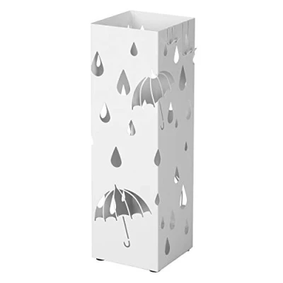 Image of SONGMICS Metal Umbrella Stand, Square Holder with Drip Tray and 4 Hooks, 15.5 x 49 cm, White LUC49W